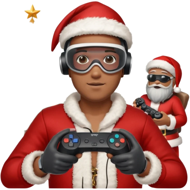 Homme photographe noir, week-end détente, équipé d’un appareil photo pro. Dans un décor Noël chaleureux, Père Noël à côté, sapin illuminé, lumières douces. L’homme porte un casque VR autour du cou ou sur la tête, et une manette PS 2025 dans la main libre. Ambiance festive, réaliste, couleurs nettes emoji