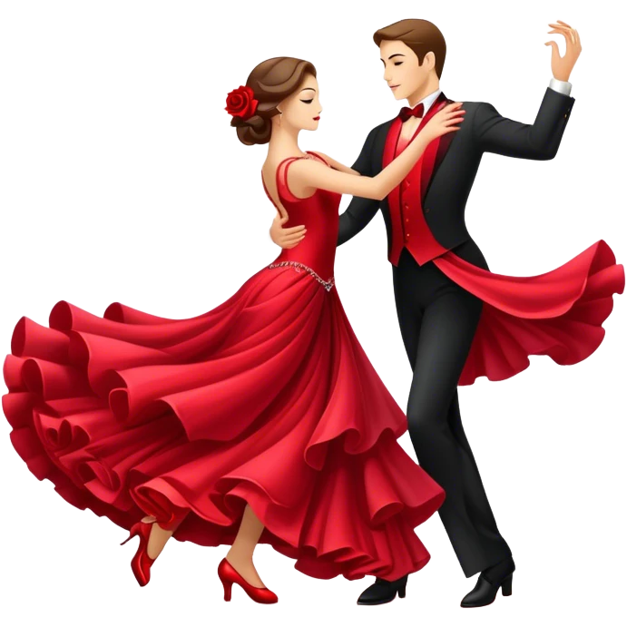 humanless Icon for Ballroom Dancing: a pair of ballroom dance shoes, a rose, a dance floor, a flowing, voluminous ballroom dress in motion, and a shining spotlight. The icon should represent the elegance and atmosphere of ballroom dancing, focusing on the attire and setting. Transparent background. emoji