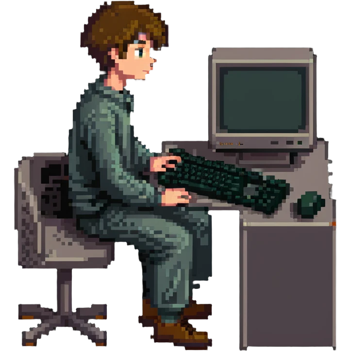 Young man sitting at an old school desktop computer with large monitor and keyboard emoji