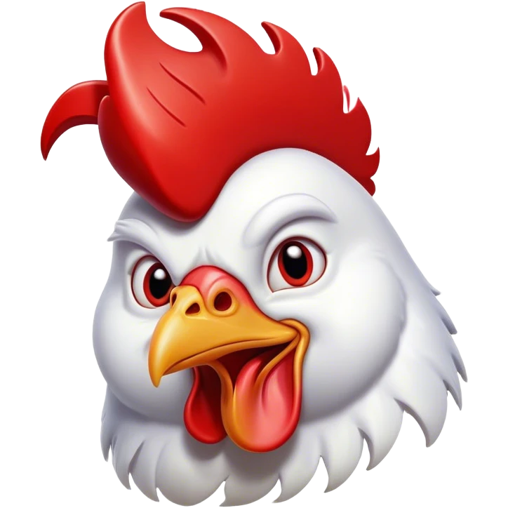 Cinematic Comical White Rooster Portrait Emoji, Head tilted dramatically with an exaggeratedly shocked or amused expression, featuring a striking pure white plumage with a bold red comb, wide, expressive eyes filled with playful disbelief, Simplified yet hilariously expressive features, highly detailed, glowing with a slightly sassy glow, high shine, dramatic yet playful, stylized with an air of cheeky mischief, bright and endearing, soft glowing outline, capturing the essence of a spirited and over-the-top rooster, so meme-worthy it feels like it could crow its way into internet fame instantly! emoji