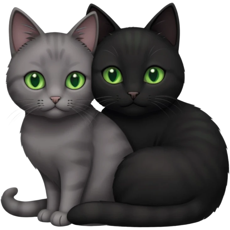 1 grey cat with green eyes and 1 black with green eyes cat cuddling emoji
