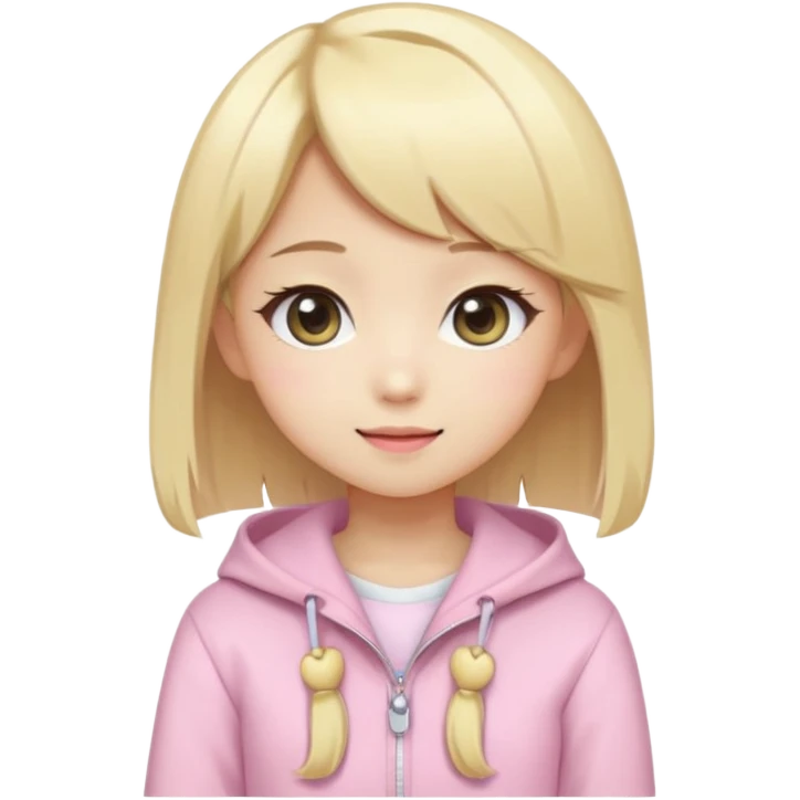 Cute kawaii emoji-style Japanese K-pop girl, blonde hair, trendy K-pop outfit with Japanese cute fashion vibes, big sparkling eyes, chibi proportions, clean lineart, pastel colors, cheerful idol smile, sticker/emoji style, transparent background emoji