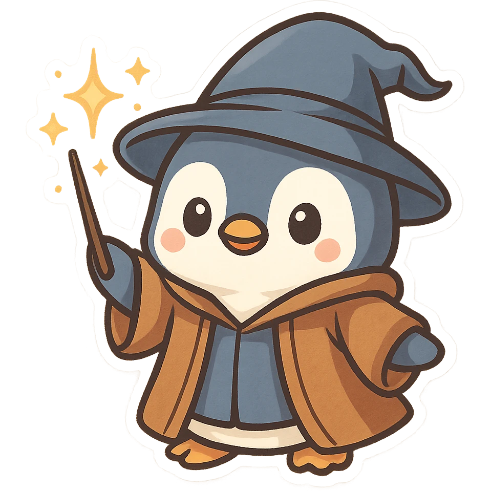 a cute penguin wizard casting a spell, wearing a robe and holding a wand, magical sparkles around emoji