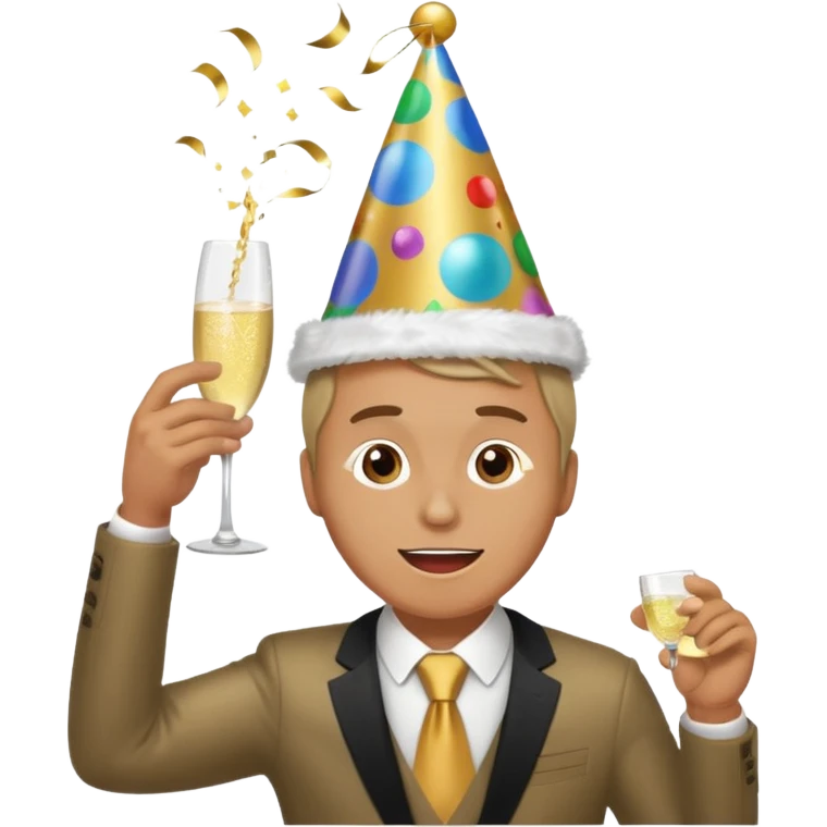 An energetic man throws his head back, drinking champagne loudly as the New Year begins. emoji