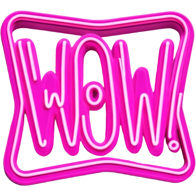 Pink neon sign with the word WOW emoji