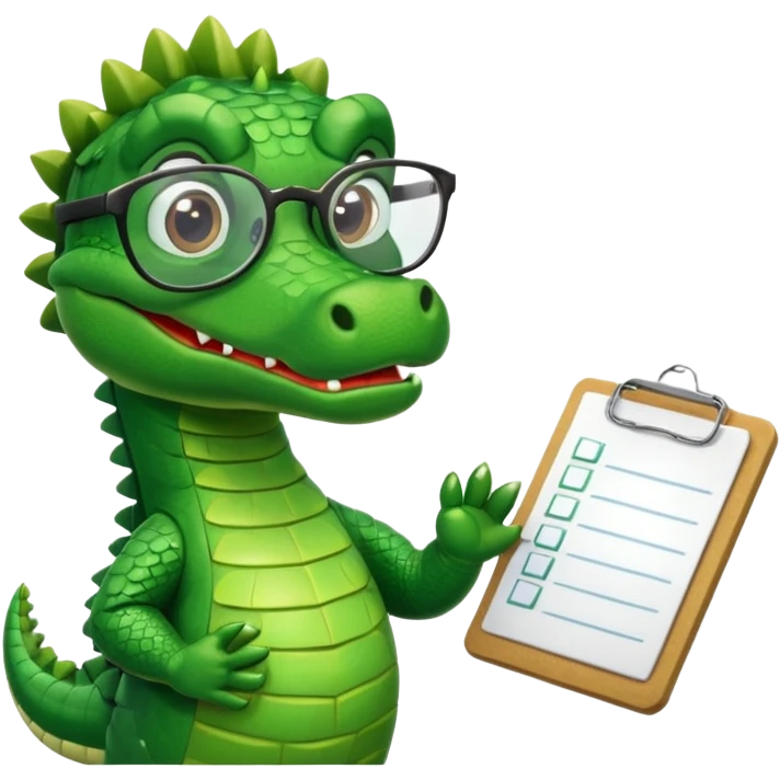 A cartoon alligator with a clipboard and glasses emoji