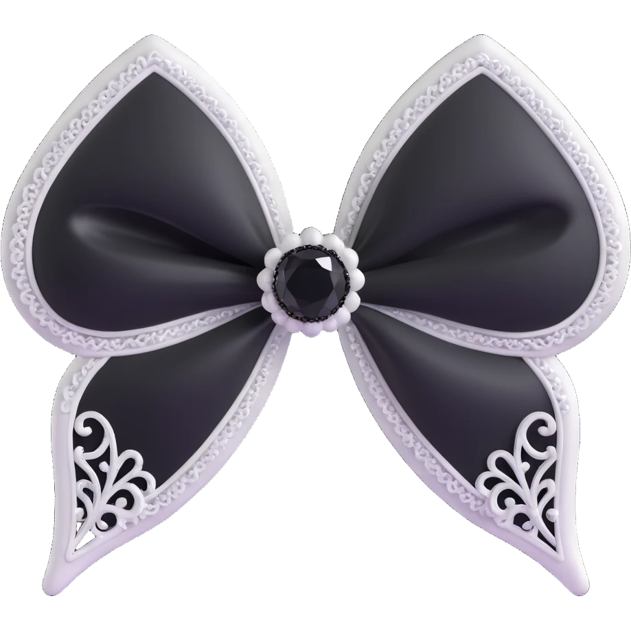 3D emoji gothic bow, white velvet, silver filigree, black lace trim, black gemstone center emoji