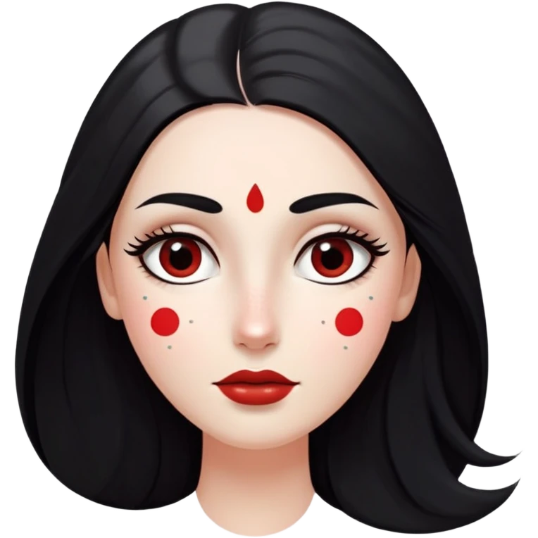 White girl with long oval shaped face, large almond shaped eyes with long eyelashes, long straight black hair falling in front of her bare shoulders, face closeup, with red and white gopi dots decorating her forehead above eyebrows emoji
