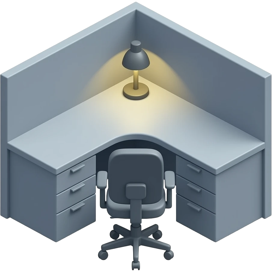 Minimal Apple-style 3D emoji icon of a cubicle desk at a 45° isometric angle, grayish-blue office desk with small desk lamp turned on and ergonomic office chair, rounded shapes, soft shadows, smooth gradient shading, modern iPhone emoji aesthetic, neutral off-white background, minimal color palette, emoji