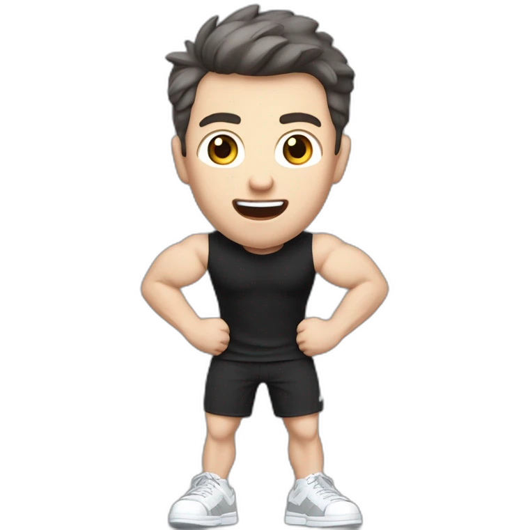 amazed Open with surprise mouth Pale skinned Fit Man With the biceps and dark brown hair in black shirt, gray sports shorts and white Sneakers emoji