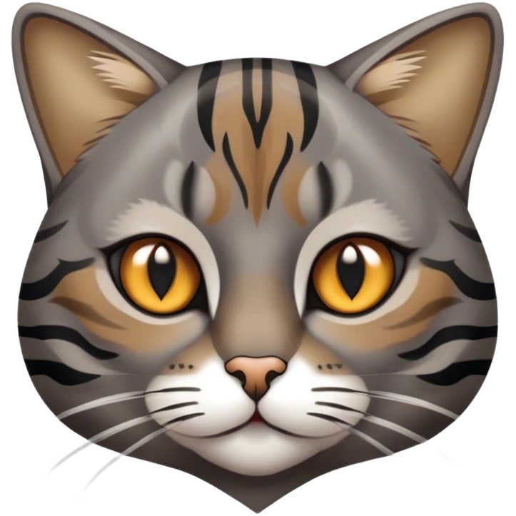 Cinematic Noble Grey and Black Brown Tabby Cat Portrait Emoji, Poised and regal, with sleek grey-brown fur featuring bold black tabby stripes and a distinct M-shaped marking on the forehead, bright amber eyes, Simplified yet sharp and sophisticated features, highly detailed, glowing with a soft, dignified glow, high shine, intelligent and graceful, stylized with an air of elegance, focused and attentive, soft glowing outline, capturing the essence of a watchful and refined feline, so majestic it feels as though it could glide across the screen with effortless confidence! emoji