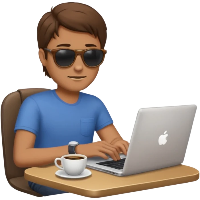 man in sunglasses typing on a laptop with a coffee cup beside him emoji