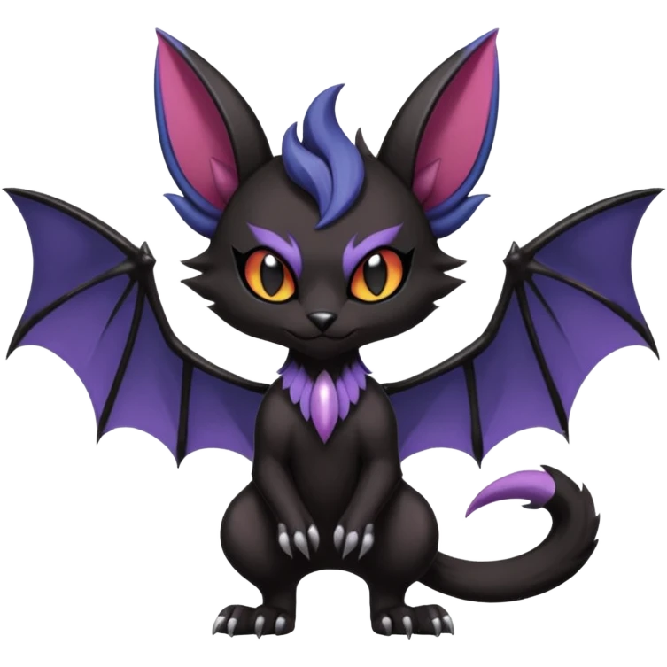 dark spooky badass cool shiny glossy smooth soft Black edgy Noivern-Noibat-Purloin-Torracat-Lykoi-Caracal-cat-Fakemon-fusion-hybrid-creature with bat wings on head as ears, big fangs, gothic markings emoji