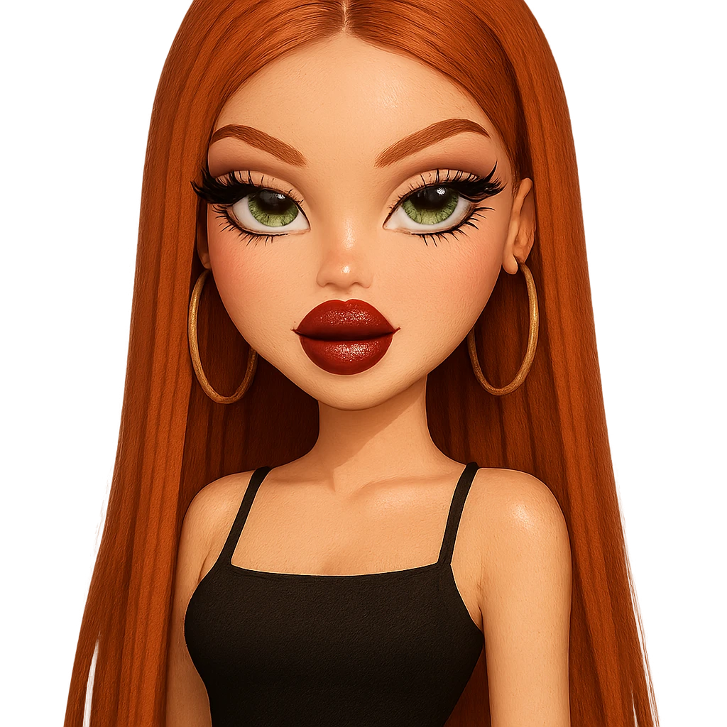 pretty Bratz baddie with ginger straight hair, pale skin, pretty makeup, green eyes, light skin emoji