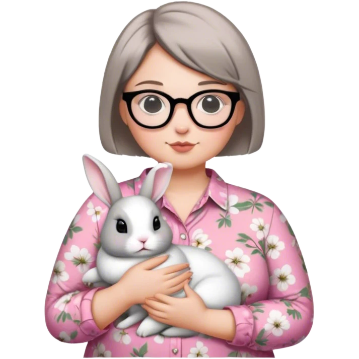 ผู้หญิงผมสั้น ตัวอ้วน ใส่แว่น ใส่เสื้อลายดอกไม้สีชมพู อุ้มกระต่ายสีขาวเทา1 ตัว กับสีขาวดำ1ตัว  emoji