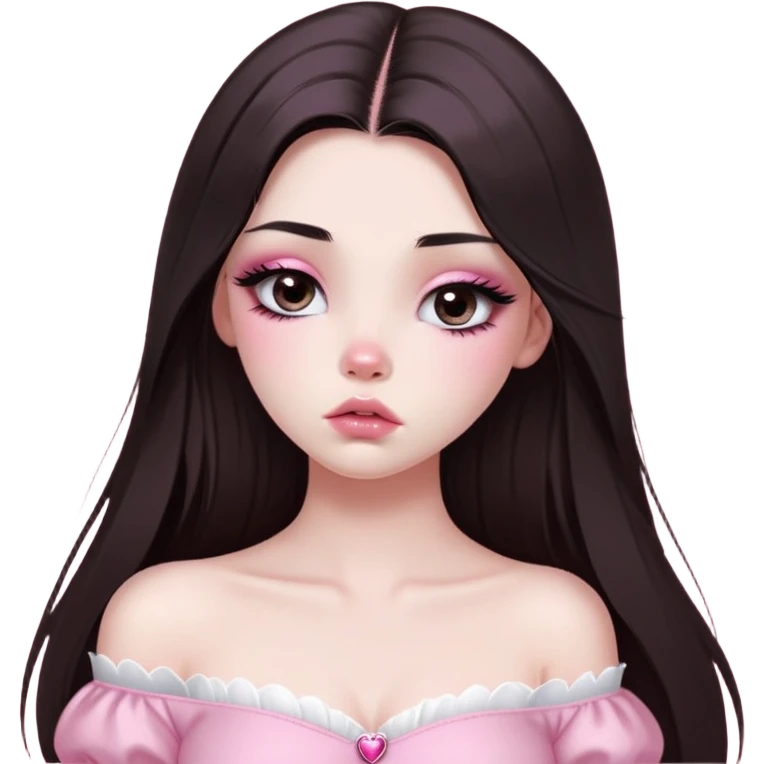 girl with white skin, dark brown long straight hair with middle part falling in front of her body, very big pouty extra shiny lips with absolutely no cupid's bow, big round shiny eyes with black eyeballs and huge eyelashes, no eyeshadow, pink blush on cheeks, lighter button nose, very long oval-shaped face, wearing a pink off-shoulder top, looking directly at camera with hands down at sides emoji