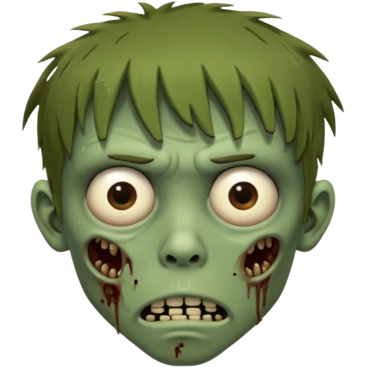 zombie slim youthful face, messy brown fringe, muted green skin tone, tired heavy-lidded eyes with visible under-eye darkness, a neutral slightly bored expression, and an overall low-energy, sleep-deprived, mentally fried vibe, emoji