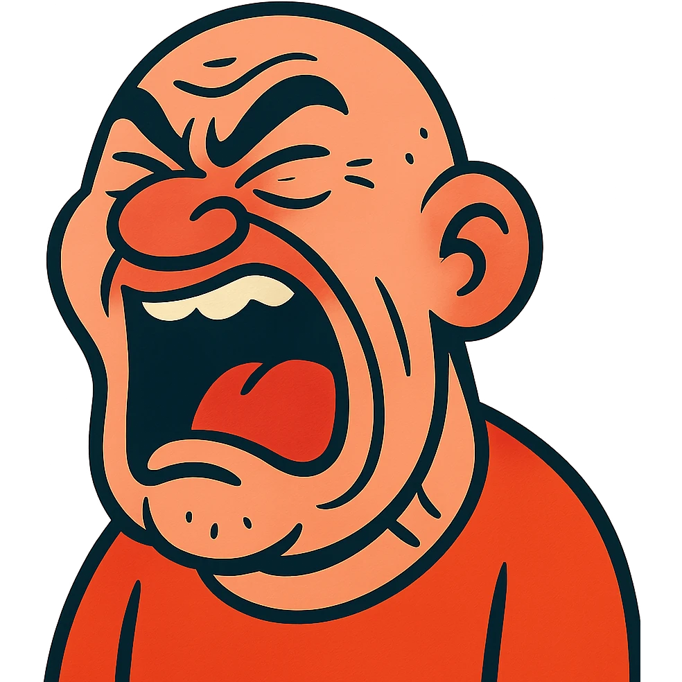 bald screaming ugly man with exaggerated features, cartoon style, comical and expressive emoji