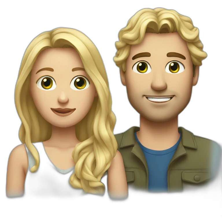 An american couple. The woman is blonde and has blue eyes and EXTREMELY long wavy hair. The man has brown, short hair, his left ear is perced. His eyes are green emoji