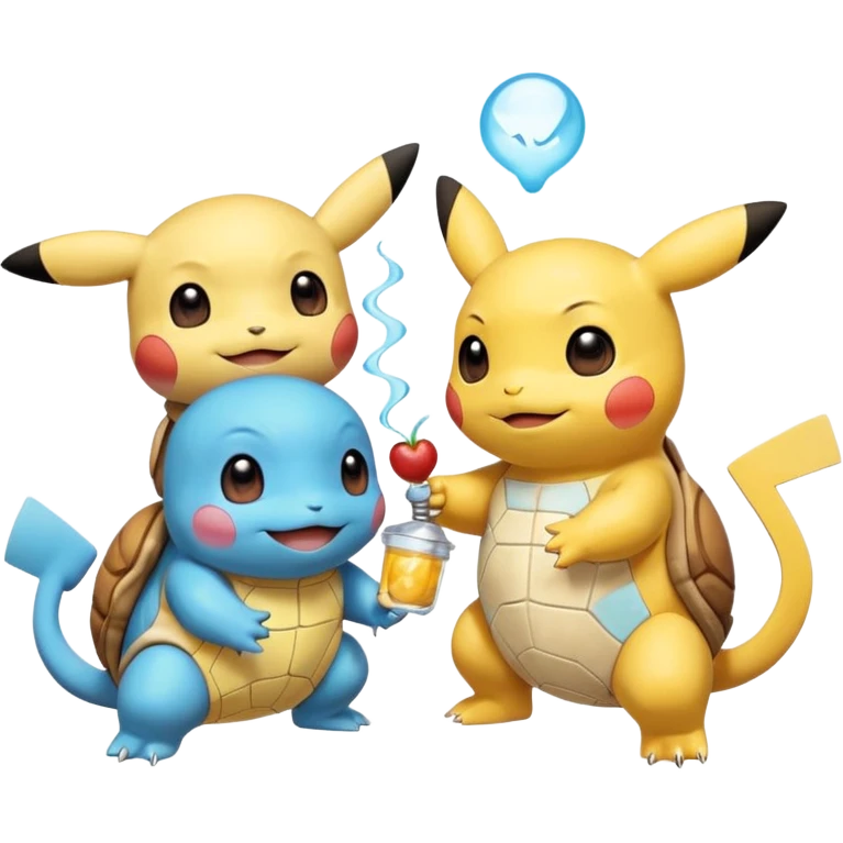  Pikachu has a light to share, but Squirtle has none. Pikachu sees this is unfair, so he shares the light with Squirtle. They smile and eat together. Show this as a cute Pokémon emoji scene about justice and fairness.

 emoji