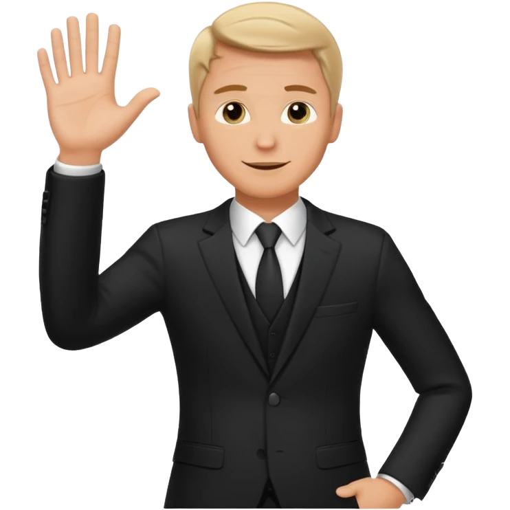 A white man in a suit stands and waves his hand in greeting. emoji