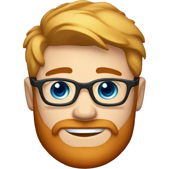 Handsome young man 22 years old blue eyes short blond hair nice round glasses cool red beard Light moustache big smile dimple on the side emoji