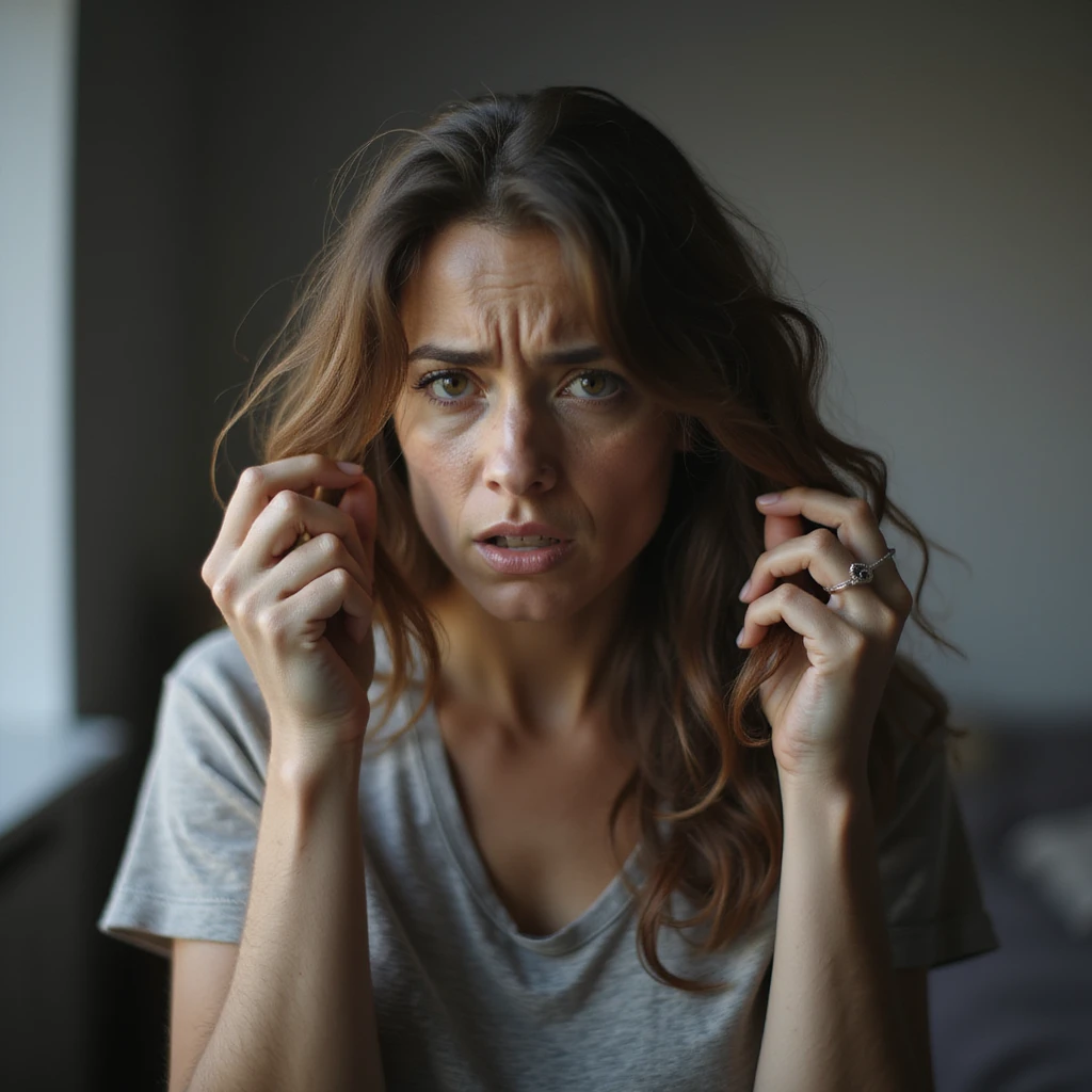 hyperrealistic 4K detailed image of a woman with hormonal imbalance, visibly thinning hair, holding a lock of hair, worried face, domestic environment emoji