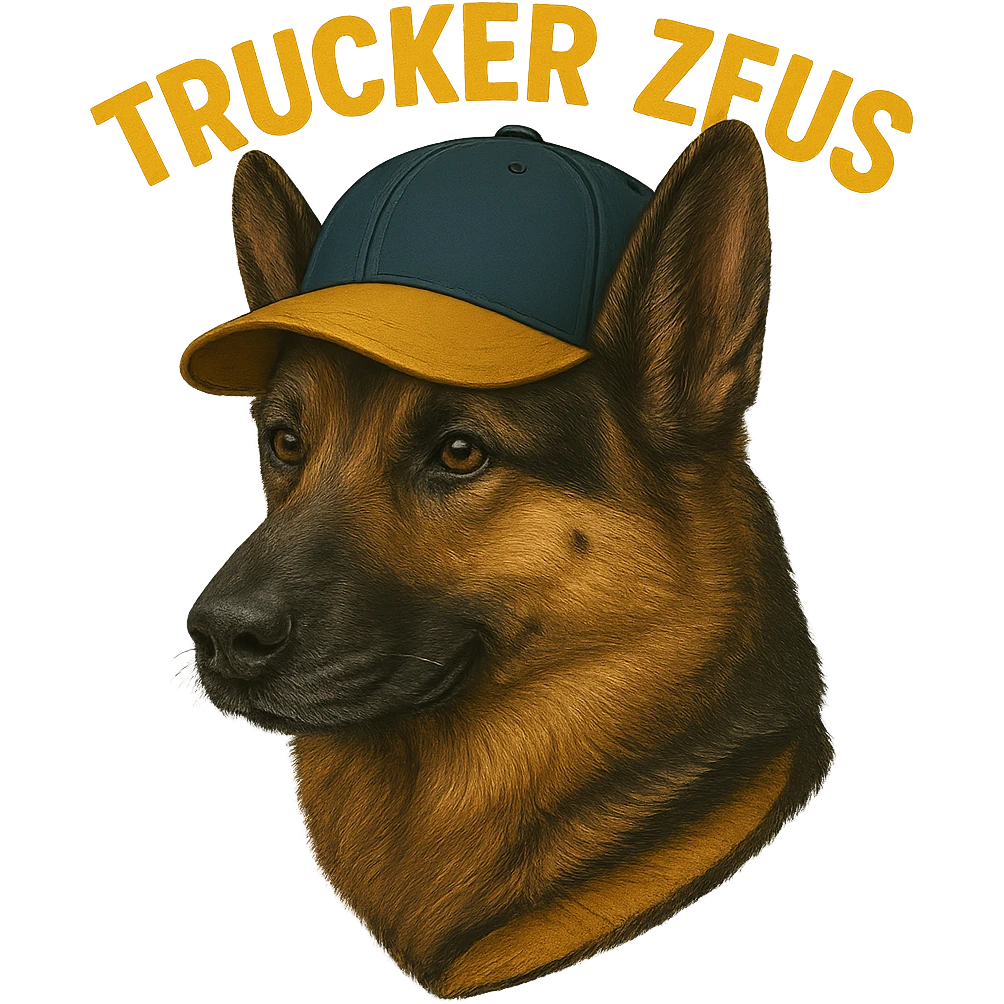 Change the words 'Trucker Zeus' to yellow, keep the realistic German Shepherd, and maintain a transparent background. The style is realistic with a focus on the German Shepherd and clear text in yellow. emoji