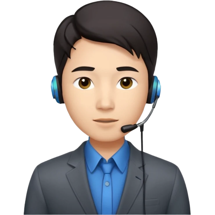 A young Asian man with smooth light skin, dark hair that swoops upward in the front, expressive eyes, a clean-shaven face, and a call-center style headset over one ear, usually paired with a crisp shirt and suit jacket visible from the chest up. emoji