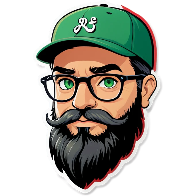 A bold man with a grey baseball cap, green eyes, big beard and glasses in love! emoji