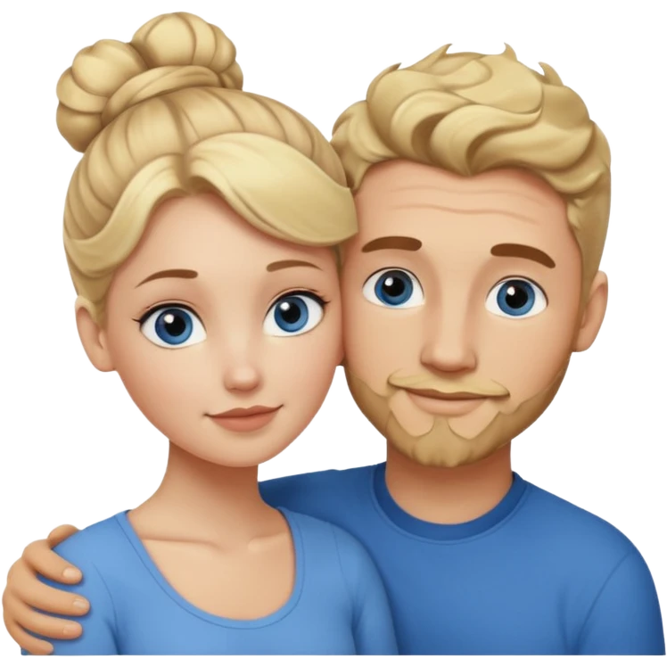 young couple hugging. white girl with blonde hair in a bun, and blue eyes. white man with wavy dark brown slightly curly hair, a goatee, brown eyes, and he has prominent cheek bonesand eyes.  emoji