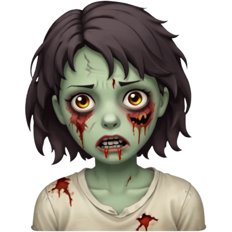 Zombie girl with bruises, she has a dark brown  short wavy hair, she has a tired expression and BLACK eyes, she has dark circles too, her mouth is ripped emoji