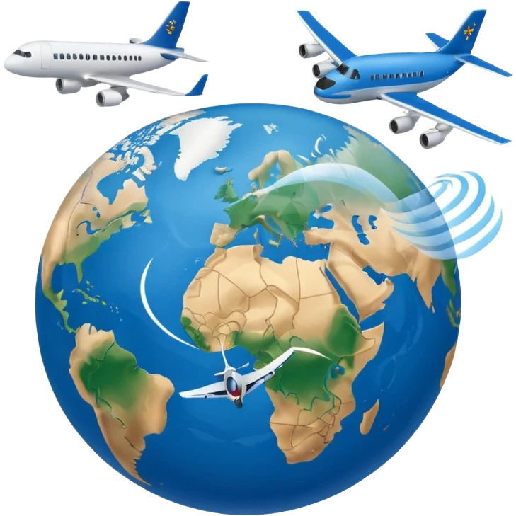 Generate a Google-style emoji representation that is not hyper-realistic but maintains a clear and recognizable depiction of a globe showing Europe and Africa.Include a plane flying around the globe, leaving a visible air trail. ensure the design can be easily understood at a small scale emoji