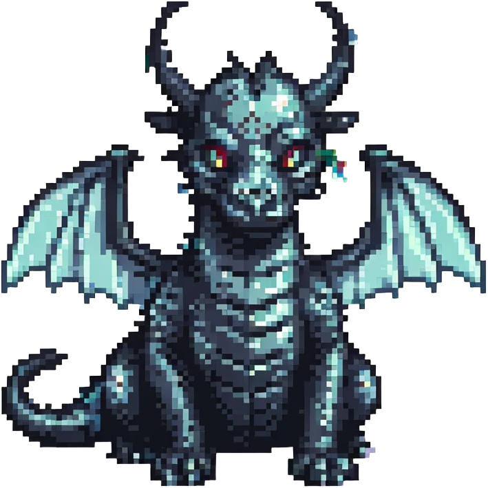 Make the wings even bigger on this black dragon with two medium horns, keep pixel art style and no background. emoji