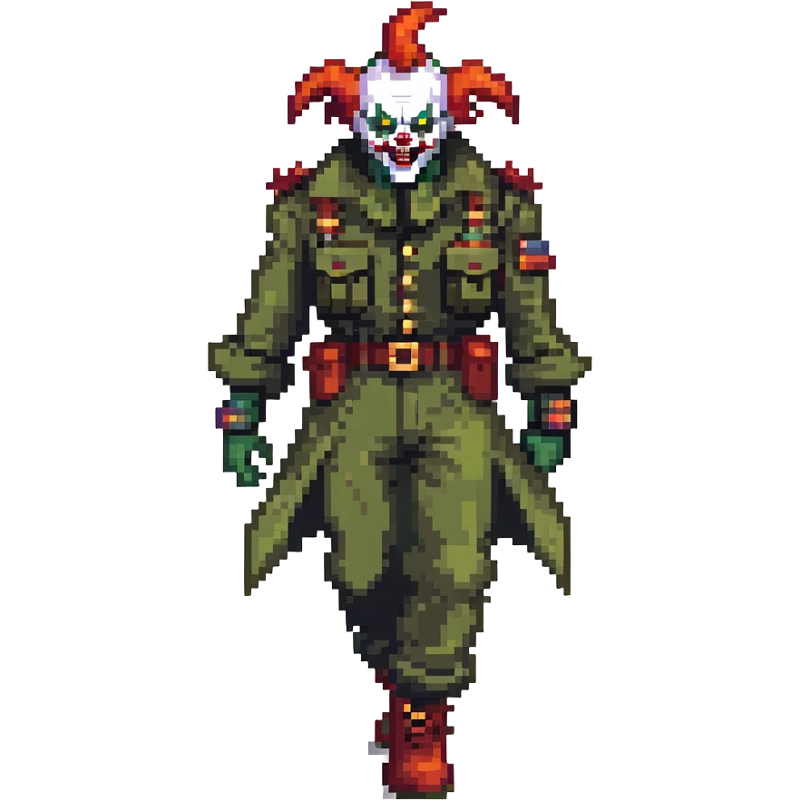 evil clown soldier, bald, small black satan horns on forehead, fangs, pointed ears, eye patch over one eye, black and military green clothes with bellbottom pants, realistically proportioned, less bulky, full body, fighting stance emoji