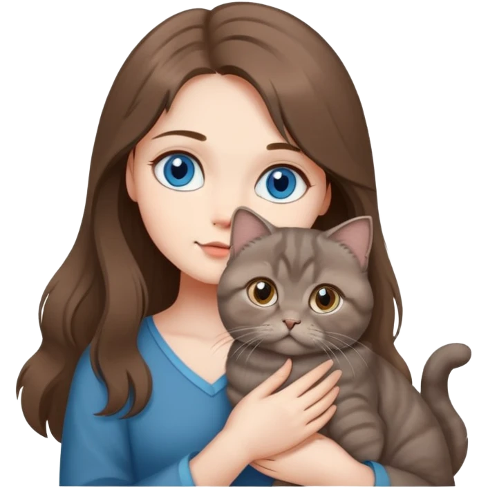 Girl with blue eyes and long brown hair holding a medium fluffy grey Scottish fold cat with folded ears emoji