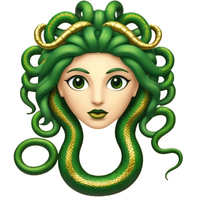 The Sicilian Medusa in gold and green and make the snake hair have snake faces  emoji