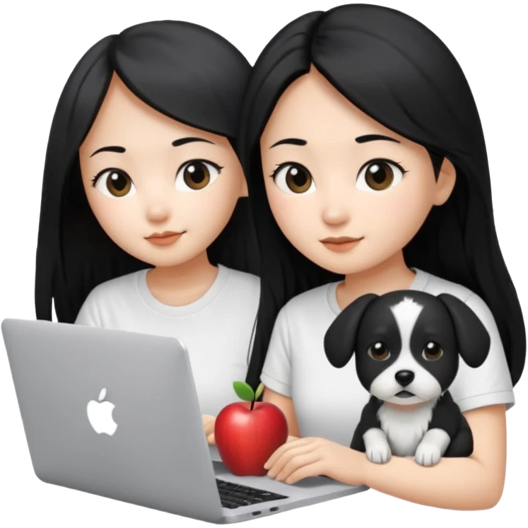 Asian girl with long black hair , wearing a white t-shirt, working on an Apple laptop, next to her is a small black and white dog emoji