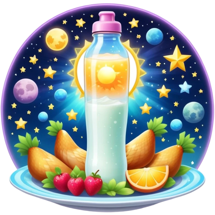 Magical fitness galaxy with ethereal glowing water bottle, celestial sun rays, enchanted floating chicken and rice plate, mystical sparkling gym equipment, luminous yogurt, twinkling fruit pieces, and dreamy moon and stars, all orbiting in perfect harmony within a cosmic starry circle emoji