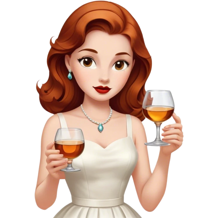 oval face Beautiful woman in 1950’s woman fashion look, white dress, long auburn hair, whisky emoji