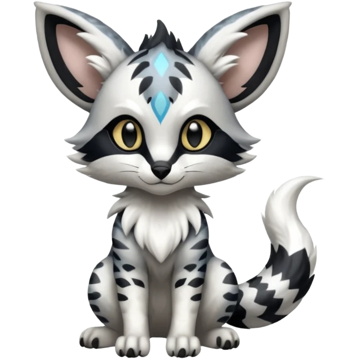 Futuristic furry fluffy floofy feathery tribal marked Genet-Absol-Kyurem-Zeraora-Primagen-fusion-creature  with big wide ears  emoji