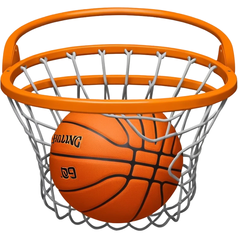 Orange Spalding basketball inside basketball net, viewed from below the hoop, minimalist design, iOS emoji style emoji