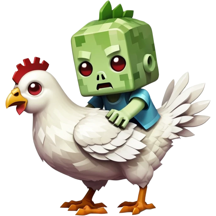 small square-shaped Minecraft baby zombie riding a tiny white chicken emoji