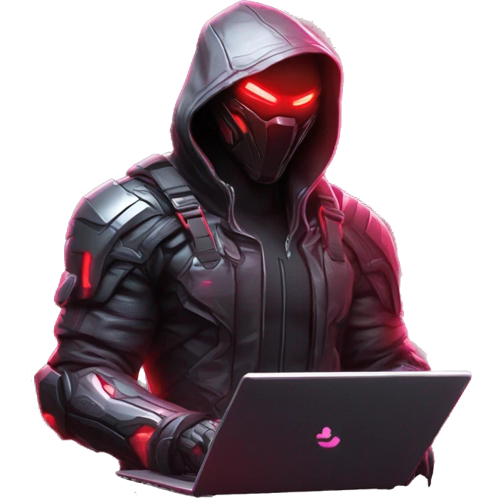 developer behind his laptop with this style : crysis Cyberpunk Riot Games Valorant neon glowing bright red character red dark black hooded assassin themed character emoji