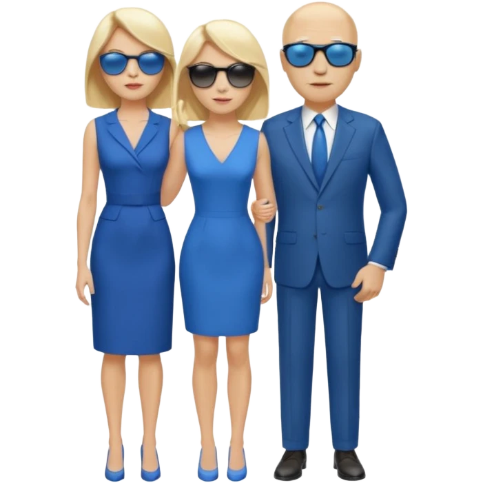 White woman with blonde hair wearing sunglasses and a blue dress, standing next to a tall bald white man emoji