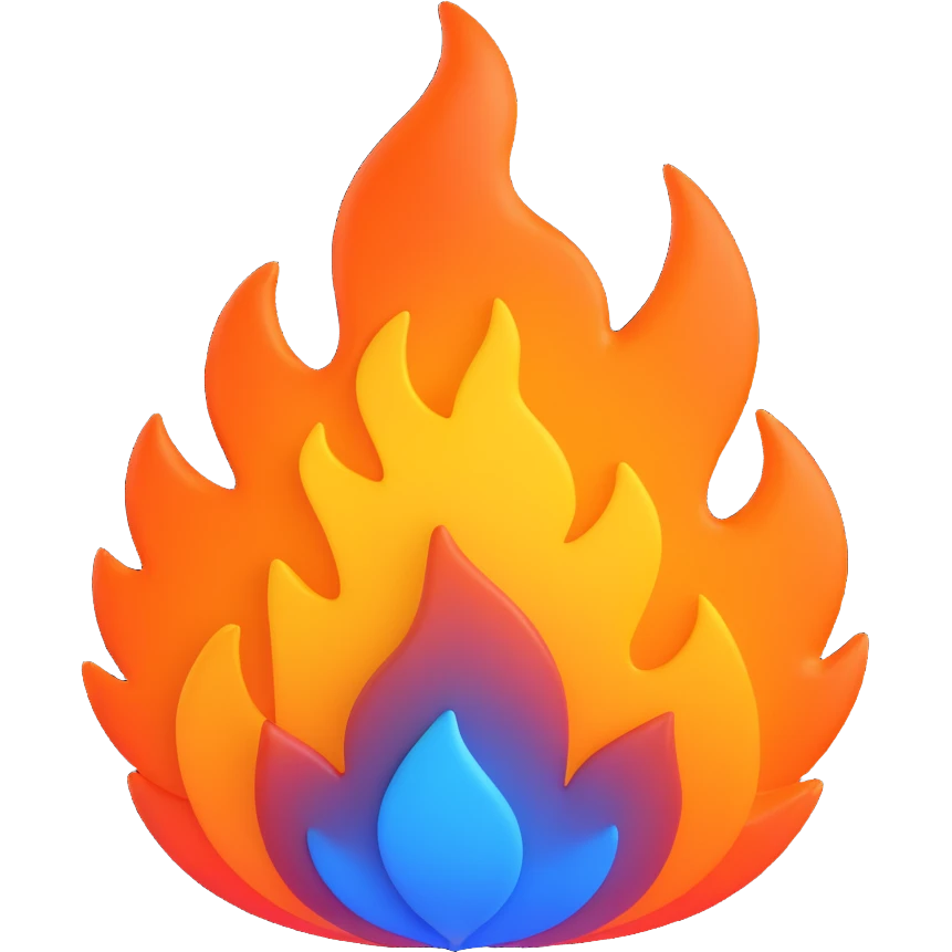 classic fire emoji, 3D style, blue to orange gradient, layered flame effect, matching reference image, new shape variation emoji