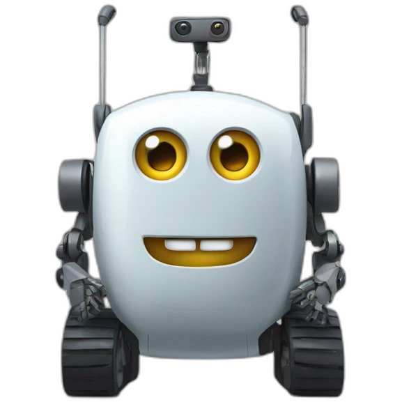 A wheeled Robot with touche screen as face and a Big smiley. He has a neck ans a head. emoji