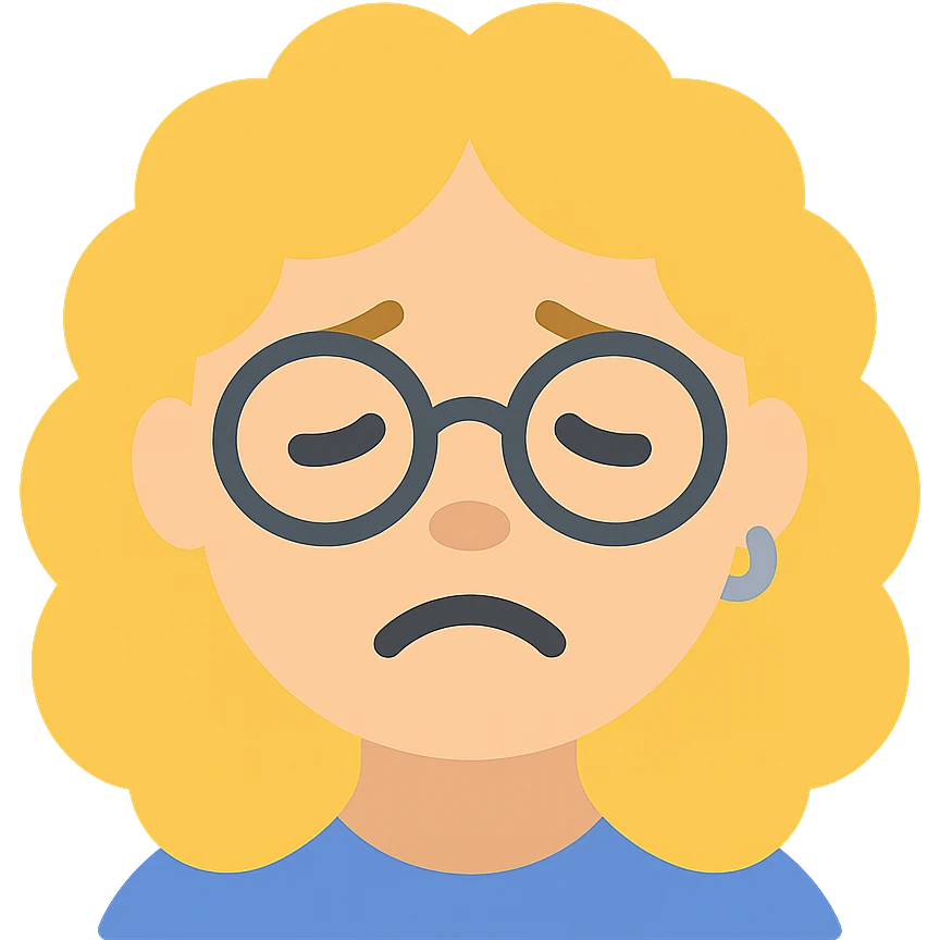 female human with light skin, blond curly hair, glasses, nose piercing, lip piercing, sad expression emoji