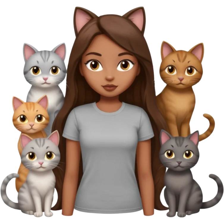 a pretty bratz dusky girl with long brown hair with six cats nd wearing a grey tshirt emoji