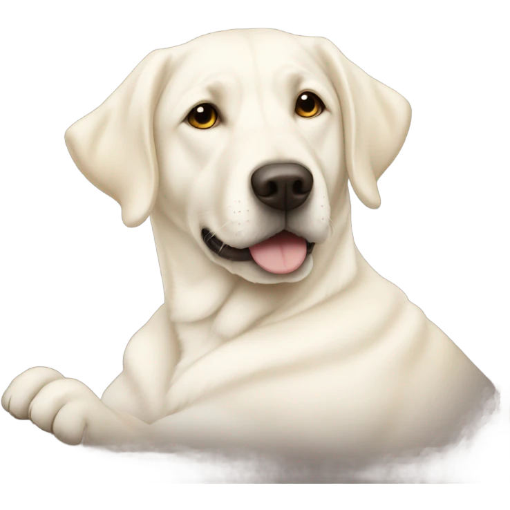White lab dog cuddling with blonde emoji